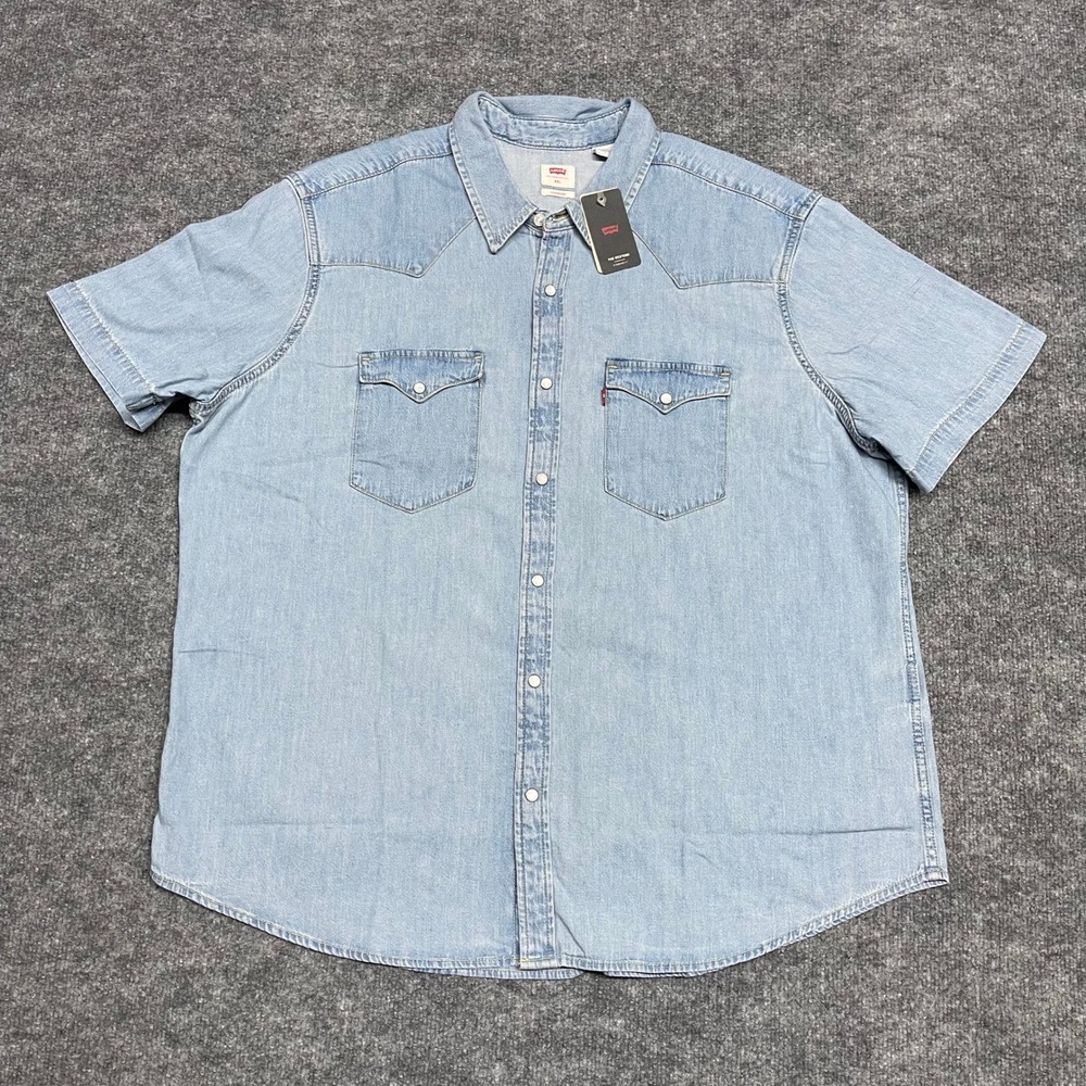 Levis Shirt Mens XXL 2XL Blue Denim The Western Standard Fit Short Sleeve Snap